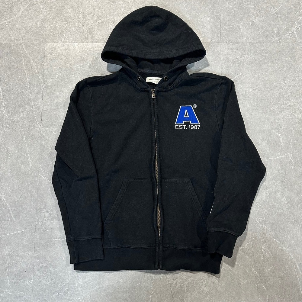 Aeropostale Mens Full Zip Hoodie Black Blue Logo EST 1987 Fleece Sweatshirt L